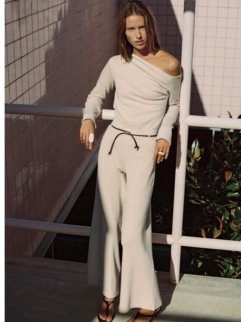 Zara Cream Off-Shoulder Wide-Leg Jumpsuit